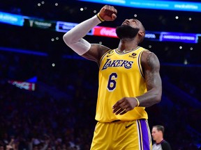 Los Angeles Lakers forward LeBron James celebrates the victory against the Minnesota Timberwolves following overtime at Crypto.com Arena.