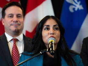B.C. Attorney General Niki Sharma speaks during a Federal-Provincial-Territorial Ministers meeting in Ottawa on Friday, March 10, 2023. British Columbia's electoral map is poised to expand by six ridings, increasing the number of provincial constituencies to 93 from the current 87 ahead of the 2024 fixed election date.