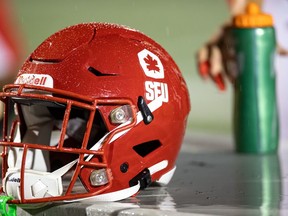 A Simon Fraser University football helmet is shown in a handout photo. The Simon Fraser University Football Alumni Society is seeking an injunction against the school to reinstate its football program. Last week, the school ceased the program amid concerns it would have nowhere to play after the 2023 season.