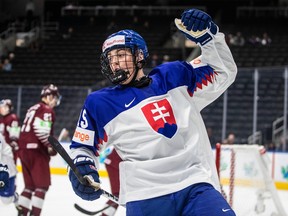 Slovakian centre Dalibor Dvorsky celebrates his goal against Latvia during the world junior championship in Edmonton on Aug. 12, 2022.