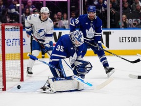 A shot by Tampa Bay Lightning forward Brayden Point (21) scores on Toronto Maple Leafs goaltender Ilya Samsonov (35) during the second period of game one of the first round of the 2023 Stanley Cup Playoffs at Scotiabank Arena.