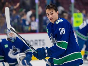 Vancouver Canucks defenceman Akito Hirose (36) skates during warm up in his NHL debut prior to a game against the Los Angeles Kings at Rogers Arena.