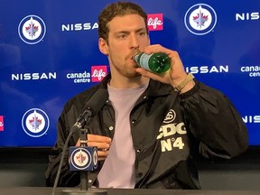 Jets forward Pierre-Luc Dubois addresses to the media during the team's post-season availability on Saturday, April 29, 2023, at Canada Life Centre.