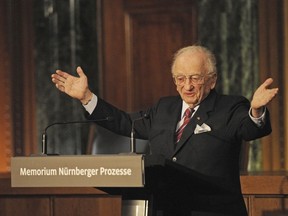 FILE - Benjamin Ferencz, Romanian-born American lawyer and chief prosecutor of the Nuremberg war crimes trials, speaks during an opening ceremony for the exhibition commemorating the Nuremberg war crimes trials in Nuremberg, Germany, Sunday, Nov. 21, 2010. Ferencz, the last living prosecutor from the Nuremberg trials, who tried Nazis for genocidal war crimes and was one of the first outside witnesses to document the atrocities of Nazi labor and concentration camps as a U.S. Army soldier, died Friday evening, April 7, 2023, in Boynton Beach, Fla.,, according to St. John's University law professor John Barrett, who runs a blog about the Nuremberg trials. He had just turned 103 in March.