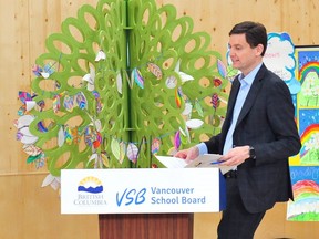 Premier David Eby at Bayview Community Elementary School in Vancouver on April 13, 2023.