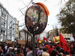 People demonstrate for the right to affordable housing in Lisbon, Portugal, April 1, 2023. REUTERS/Pedro Nunes