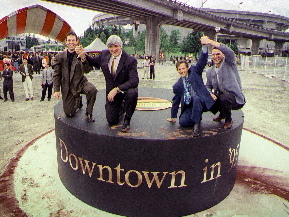 When Arthur Griffiths — second from right, getting a hand from then-Canucks captain Trevor Linden at the downtown arena groundbreaking in July 1993 — and his family ponied up the private funds for the project, it ultimately cost $160 million. Canucks forward Dixon Ward, far left, and general manager-coach Pat Quinn join in on the giant puck fun.