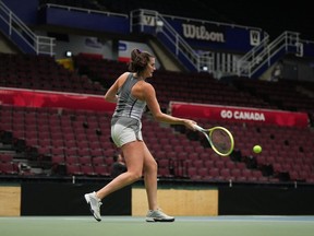 Vancouver's Rebecca Marino takes part in practice for the Billie Jean King Cup tennis qualifiers against Belgium in her hometown on Tuesday.