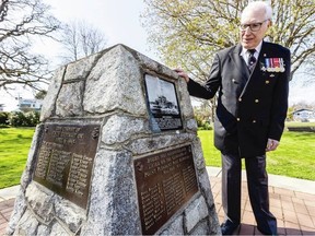 Gerald Pash, a former public affairs officer with the Canadian Armed Forces, at the HMCS Esquimalt Memorial in Memorial Park in Esquimalt. DARREN STONE, TIMES COLONIST