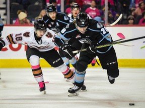 Calgary Hitmen Ethan Moore chases the puck against Winnipeg Ice Conor Geekie during the Pink Shirt Day game at Scotiabank Saddledome on Wednesday, February 22, 2023.