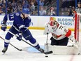 Sergei Bobrovsky of the Florida Panthers makes a save against Anthony Cirelli of the Tampa Bay Lightning during the second period in Game Three of the Second Round of the 2022 Stanley Cup Playoffs at Amalie Arena on May 22, 2022 in Tampa, Florida.
