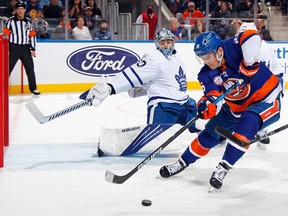 Oliver Wahlstrom of the New York Islanders takes a shot on net against the Toronto Maple Leafs in November 2021. Wahlstrom was taken with the No. 11 pick at the 2018 NHL Entry Draft.