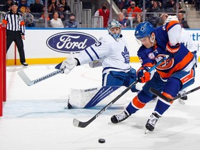 Oliver Wahlstrom of the New York Islanders takes a shot on net against the Toronto Maple Leafs in November 2021.