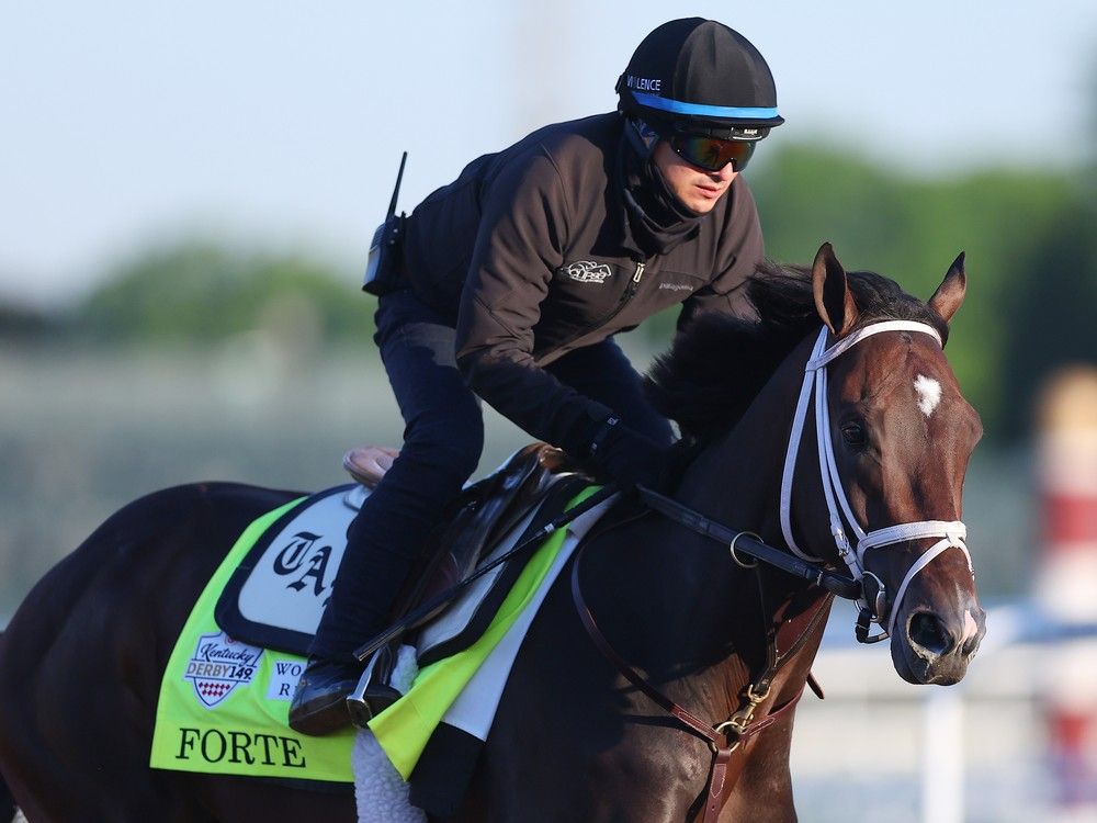  Forte trains on the track during morning workouts in preparation for the 149th running of the Kentucky Derby at Churchill Downs on May 4, 2023, in Louisville, Kentucky.