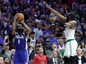 James Harden #1 of the Philadelphia 76ers shoots the game winning three point basket against Jaylen Brown #7 of the Boston Celtics during overtime in game four of the Eastern Conference Second Round Playoffs at Wells Fargo Center on May 07, 2023 in Philadelphia, Pennsylvania.