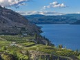 Okanagan Lake near Summerland British Columbia Canada with orchard and vineyard in the Foreground.