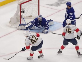 Florida Panthers defenceman Gustav Forsling scores on Toronto Maple Leafs goaltender Ilya Samsonov during second period NHL second round playoff hockey action in Toronto on Thursday May 4, 2023.