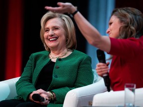 Former U.S. Secretary of State Hillary Clinton and Deputy Prime Minister Chrystia Freeland take part in a keynote address during the second day of the Liberal Convention in Ottawa, May 5, 2023.
