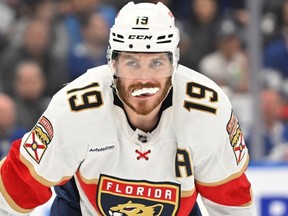 May 12, 2023; Toronto, Ontario, CAN; Florida Panthers forward Matthew Tkachuk (19) prepares for a faceoff against the Toronto Maple Leafs in the second period in game five of the second round of the 2023 Stanley Cup Playoffs at Scotiabank Arena.