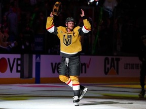 May 12, 2023; Las Vegas, Nevada, USA; Vegas Golden Knights center Jack Eichel (9) is named first star of the game after the Golden Knights defeated the Edmonton Oilers 4-3 in game five of the second round of the 2023 Stanley Cup Playoffs at T-Mobile Arena.
