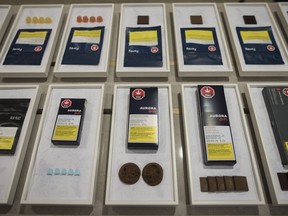 A variety of cannabis edibles are displayed at the Ontario Cannabis Store in Toronto on Friday, Jan. 3, 2020.
