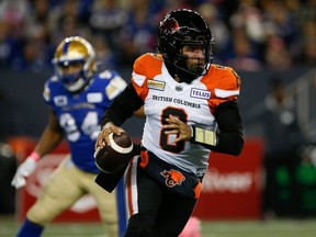 B.C. Lions quarterback Vernon Adams runs for yards against the Winnipeg Blue Bombers during first half CFL action in Winnipeg on Oct. 28, 2022.
