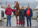 Owner Glen Todd, right, trainer Troy Taylor, left, and groom Stephanie Golz with horse four-year-old Success Rate at Hastings Racecourse in Vancouver on April 20, 2014.