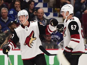 Arizona Coyotes defenceman Victor Soderstrom (77) celebrates his goal against the Vancouver Canucks in 2019.
