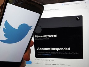 This Thursday, May 11, 2023, image taken in New York, shows the account suspended notice of Jessica Reed on the Twitter page of her younger sister Emily Reed. On Monday, May 8, 2023, Twitter CEO Elon Musk announced the platform would be "purging accounts that have had no activity at all for several years." The news caused outrage among people fearing they could lose tweets that now-inactive accounts, including those belonging to users who have died, left behind on the app.