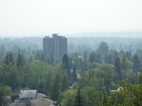 The haze from fires blankets Prince George on May 17, 2023.