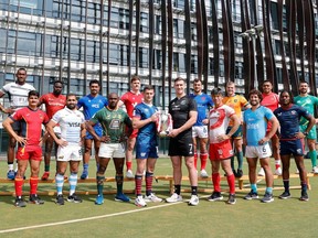 All 16 captains pose at Holland Park School on Wednesday, May 17, 2023, prior to the HSBC London Sevens. Canada captain Phil Berna is in the back row, fourth from the left.
