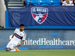 Vancouver Whitecaps midfielder Pedro Vite (45) celebrates scoring a goal in the first half against FC Dallas at Toyota Stadium.