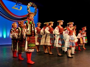 Performers from Veselka of Victoria, Sim'ya of Kamloops, Dolyna of Kelowna, and Yalenka of Prince George line up to hear their scores at the 2022 B.C. Ukrainian Cultural Festival.