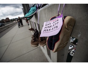 Shoes are hung on the Burrard Bridge in remembrance of victims of illicit drug overdose deaths on International Overdose Awareness Day, in Vancouver, on August 31, 2020.