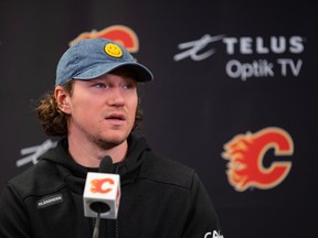 Calgary Flames Tyler Toffoli speaks with the media at Scotiabank Saddledome on Friday, April 14, 2023.