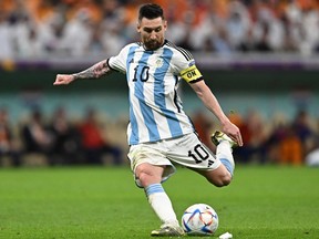 Argentine forward Lionel Messi takes a shot during the World Cup.