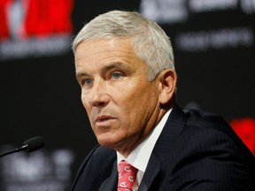 PGA Tour commissioner Jay Monahan speaks during a press conference.