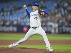 Trevor Richards of the Toronto Blue Jays pitches against the San Francisco Giants in the first inning at Rogers Centre on Wednesday, June 28, 2023 in Toronto.