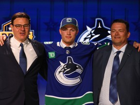 Tom Willander is selected by the Vancouver Canucks with the 11th overall pick during round one of the 2023 Upper Deck NHL Draft at Bridgestone Arena on June 28, 2023 in Nashville, Tennessee.