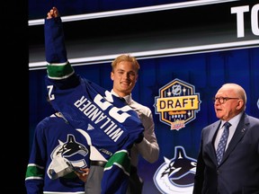 Tom Willander was selected by the Vancouver Canucks with the 11th overall pick during round one of the 2023 Upper Deck NHL Draft at Bridgestone Arena on June 28, 2023 in Nashville, Tennessee.