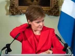 Scotland's former First Minister Nicola Sturgeon speaks during a press conference at Bute House in Edinburgh where she announced she will stand down as First Minister, in Edinburgh on February 15, 2023