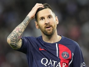 PSG's Lionel Messi reacts during the French League One soccer match between Paris Saint-Germain and Clermont at the Parc des Princes in Paris, France, Saturday, June 3, 2023.&ampnbsp;Canada coach John Herdman says signing Lionel Messi would be an "absolute coup" for Major League Soccer.