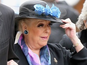 Actress Julie Goodyear arrives for the funeral of Coronation Street scriptwriter Tony Warren at Manchester Cathedral on March 18, 2016 in Manchester, Britain.