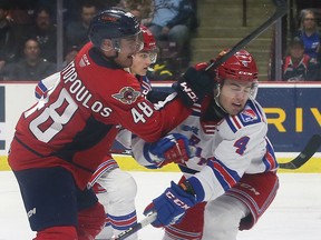 Hunter Brzustewicz in OHL action with the Kitchener Rangers this past season.