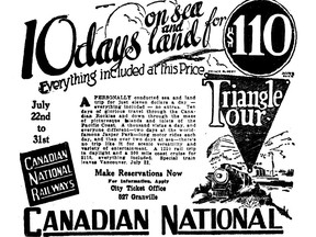 Canadian National ad for a "Triangle Tour" of B.C. and Alberta by rail and sea, June 28, 1929. For John Mackie