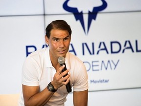 Spanish tennis player Rafael Nadal talks during a press conference to announce he will not compete in the French Open, at the Rafa Nadal Academy in Manacor, on the Spanish Balearic Island of Mallorca, on May 18, 2023.