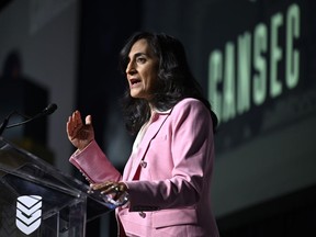 Defence Minister Anita Anand makes a keynote address at the CANSEC trade show, billed as North America's largest multi-service defence event, in Ottawa, on May 31, 2023.