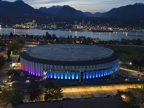 The Pacific Coliseum at the PNE grounds with light up on designated days to commemorate special causes and events.