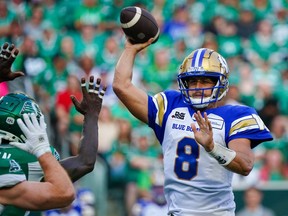 Winnipeg Blue Bombers quarterback Zach Collaros (8) throws against the Saskatchewan Roughriders during the first half of CFL football action in Regina, on Friday, June 16, 2023. It has been quite the start to the 2023 CFL season for Collaros and fellow veteran quarterback Vernon Adams Jr.