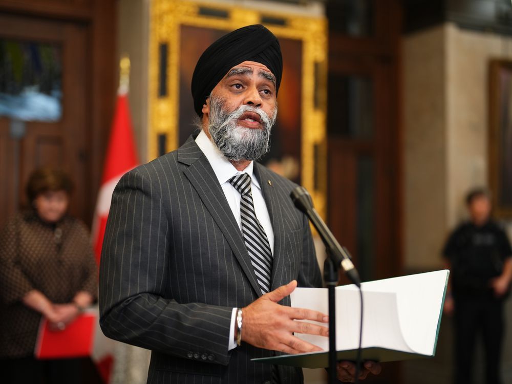 International Development Minister Harjit Sajjan addresses media on Parliament Hill in Ottawa on Monday, March 27, 2023. The minister responsible for the Pacific Economic Development Agency of Canada has announced the federal government is giving nearly $6 million for Indigenous communities in British Columbia to develop clean energy projects.